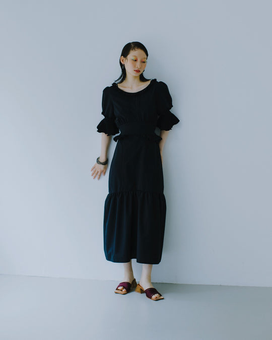 RIB FRILL MIDI DRESS BLACK