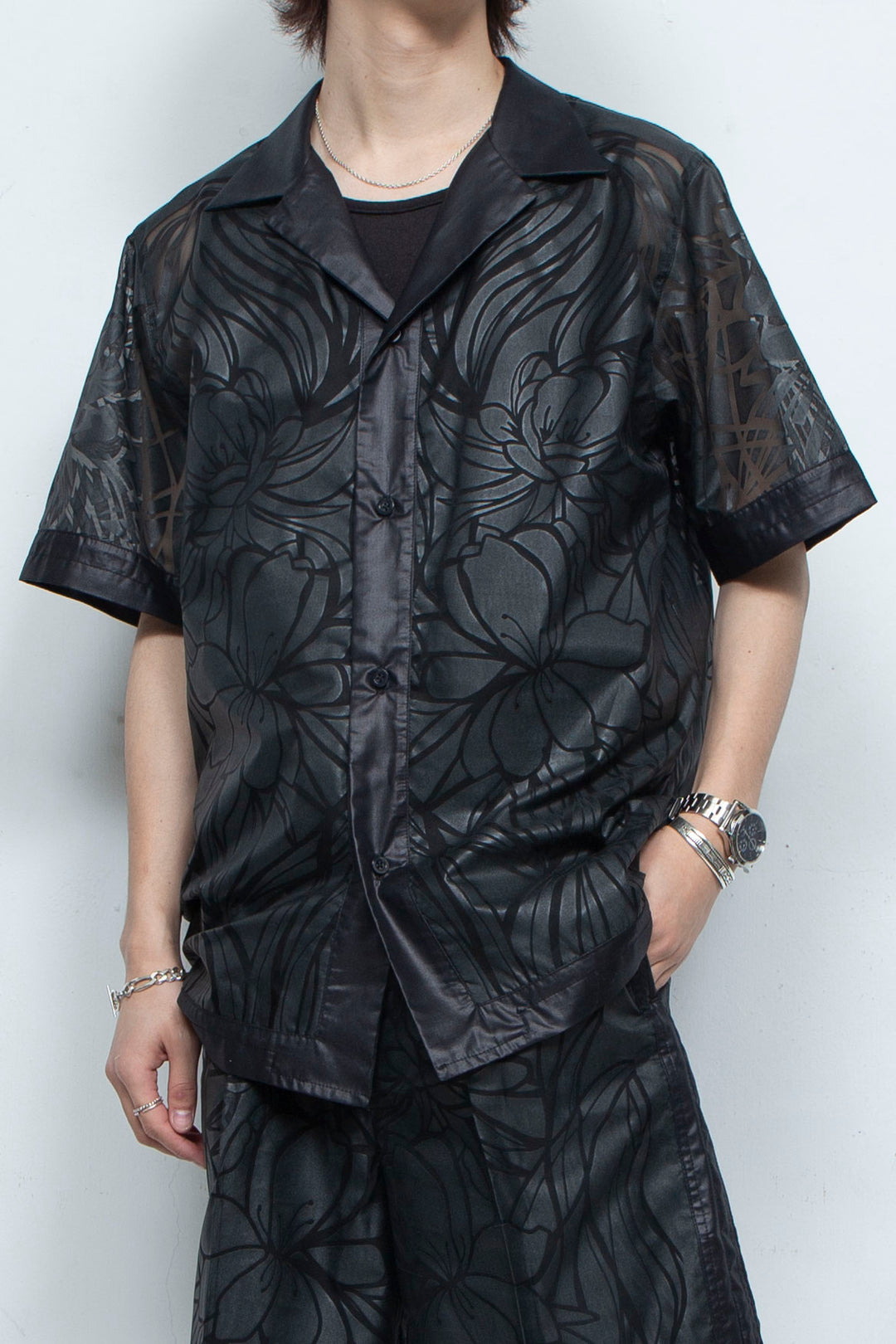Graphic Sheer Open Collar Shirt