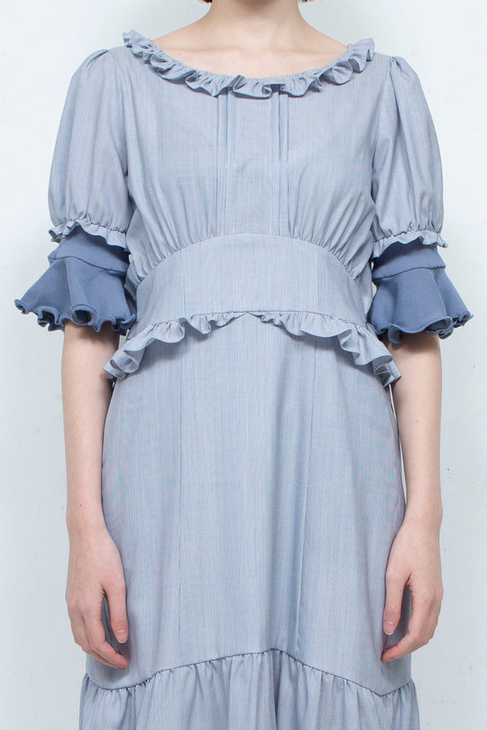 RIB FRILL MIDI DRESS BLUE