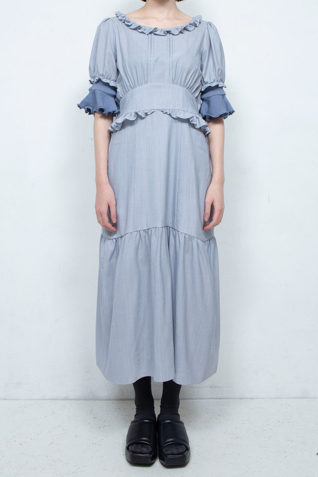 RIB FRILL MIDI DRESS BLUE