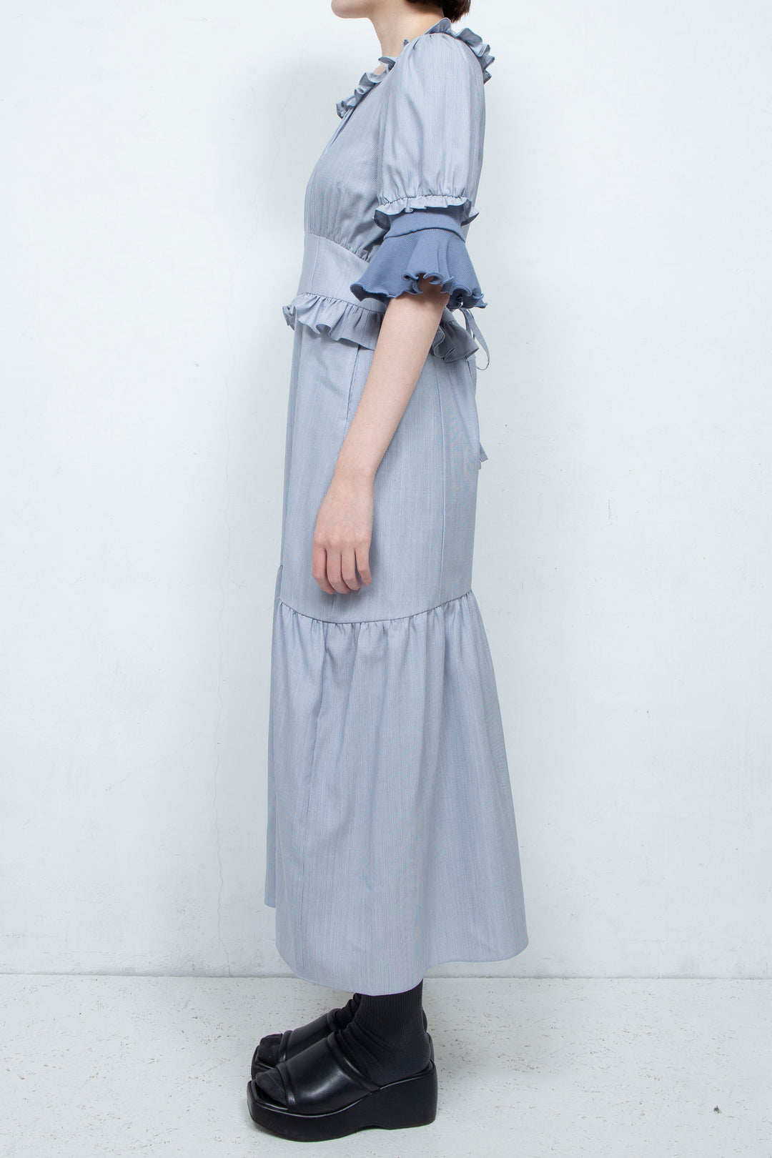 RIB FRILL MIDI DRESS BLUE