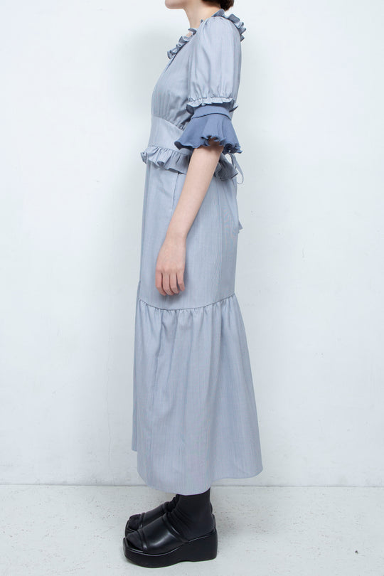 RIB FRILL MIDI DRESS BLUE