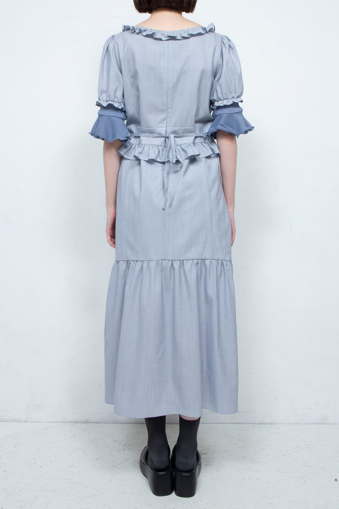 RIB FRILL MIDI DRESS BLUE