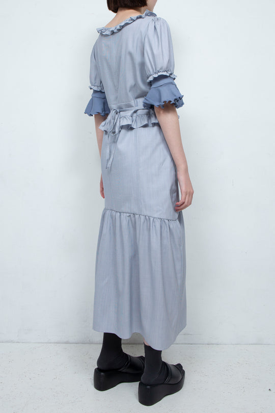 RIB FRILL MIDI DRESS BLUE