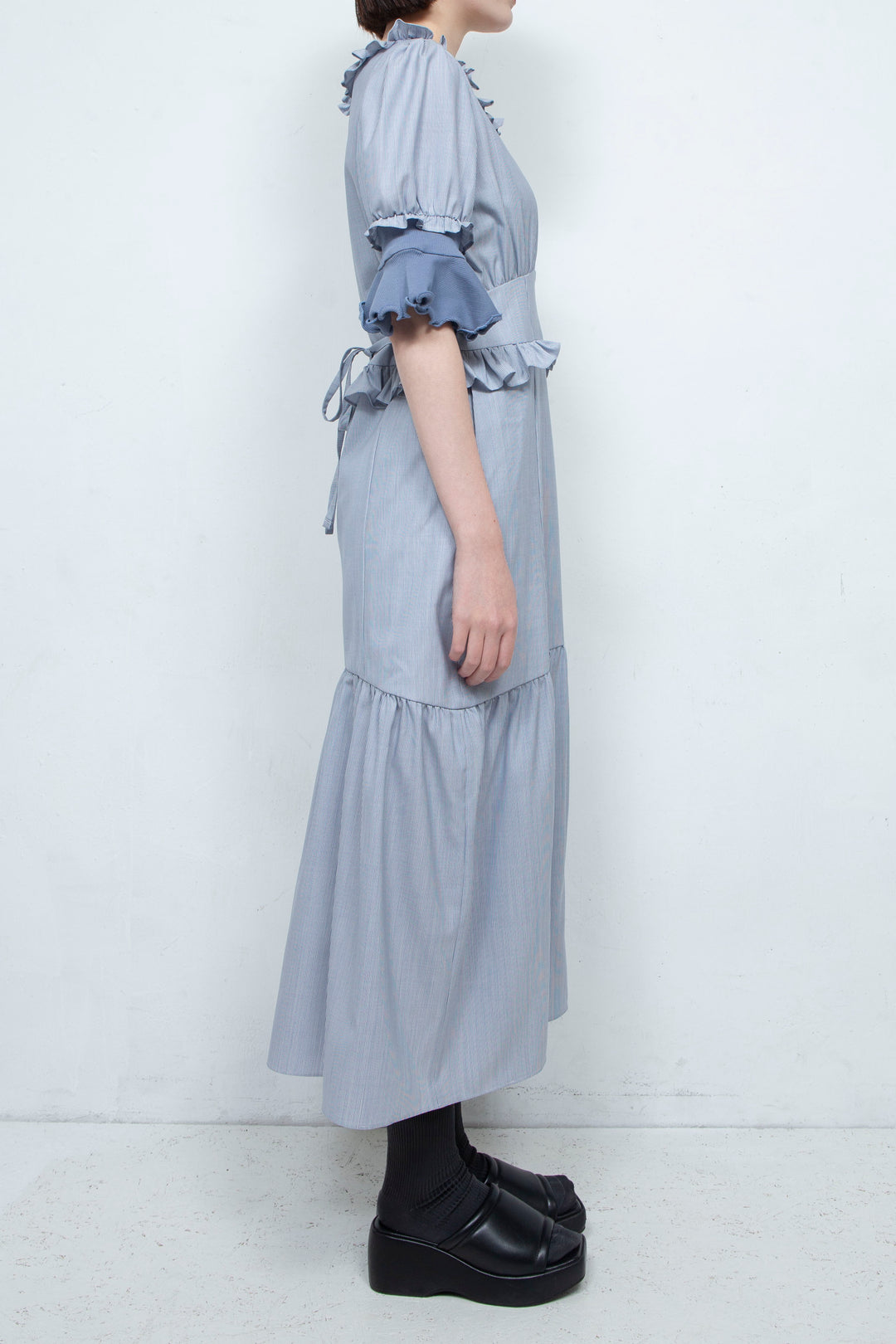 RIB FRILL MIDI DRESS BLUE