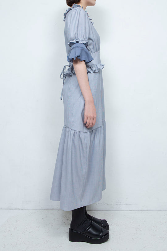 RIB FRILL MIDI DRESS BLUE