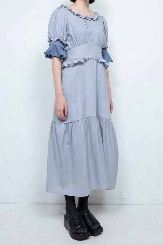 RIB FRILL MIDI DRESS BLUE