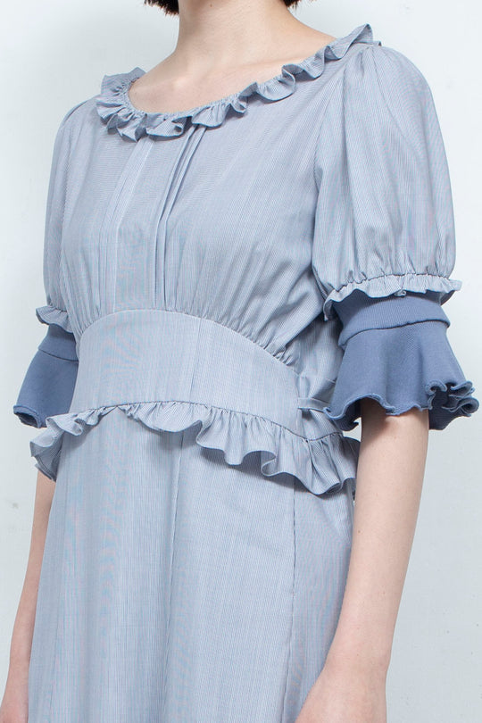 RIB FRILL MIDI DRESS BLUE
