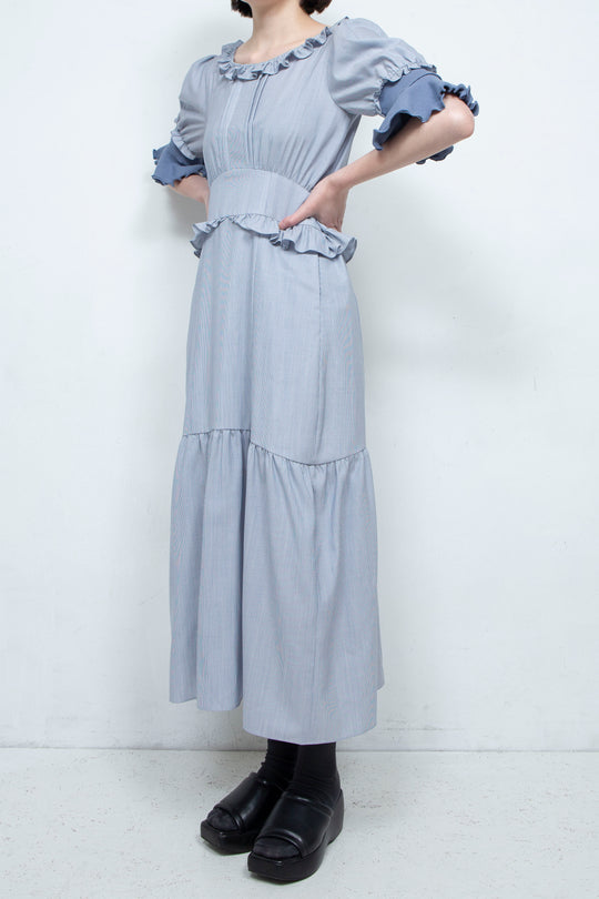 RIB FRILL MIDI DRESS BLUE