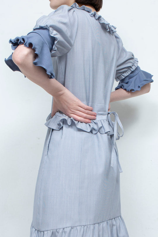 RIB FRILL MIDI DRESS BLUE