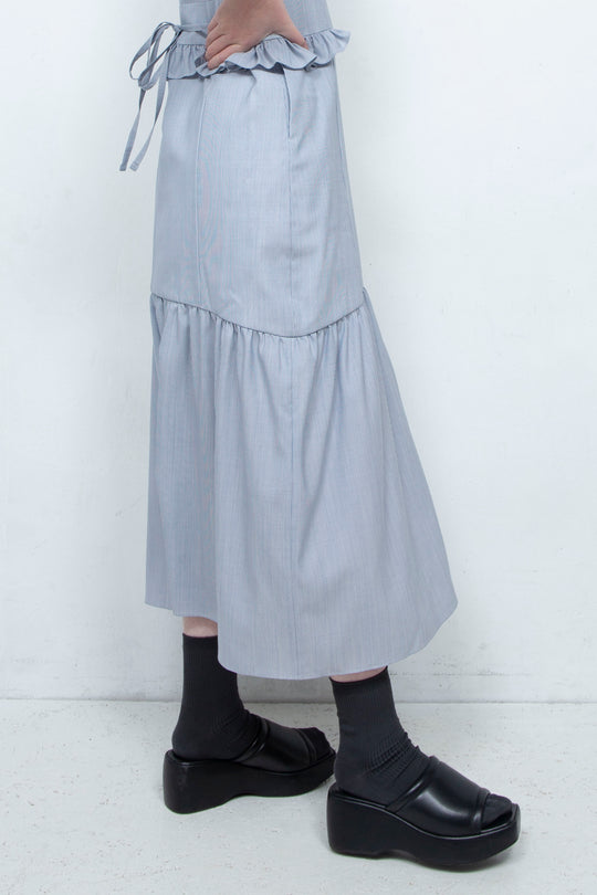 RIB FRILL MIDI DRESS BLUE