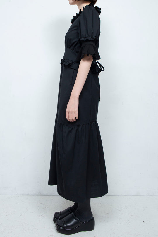 RIB FRILL MIDI DRESS BLACK