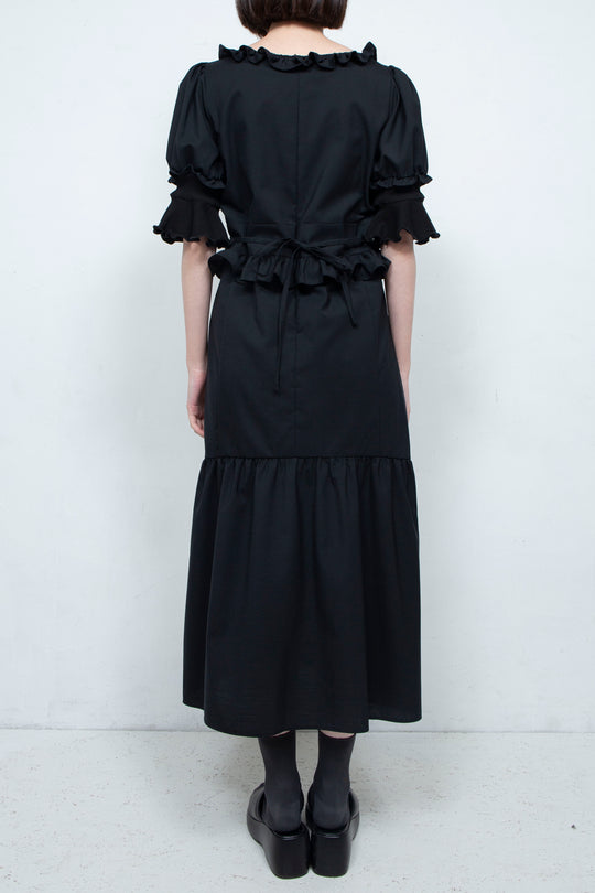 RIB FRILL MIDI DRESS BLACK