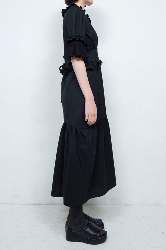 RIB FRILL MIDI DRESS BLACK