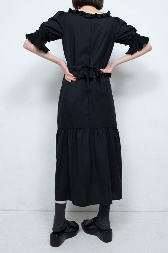 RIB FRILL MIDI DRESS BLACK