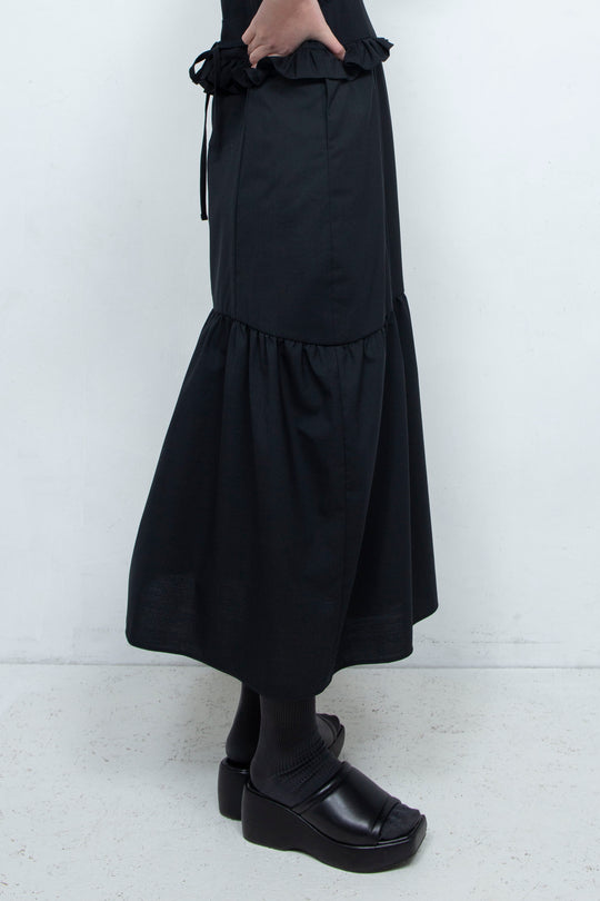 RIB FRILL MIDI DRESS BLACK