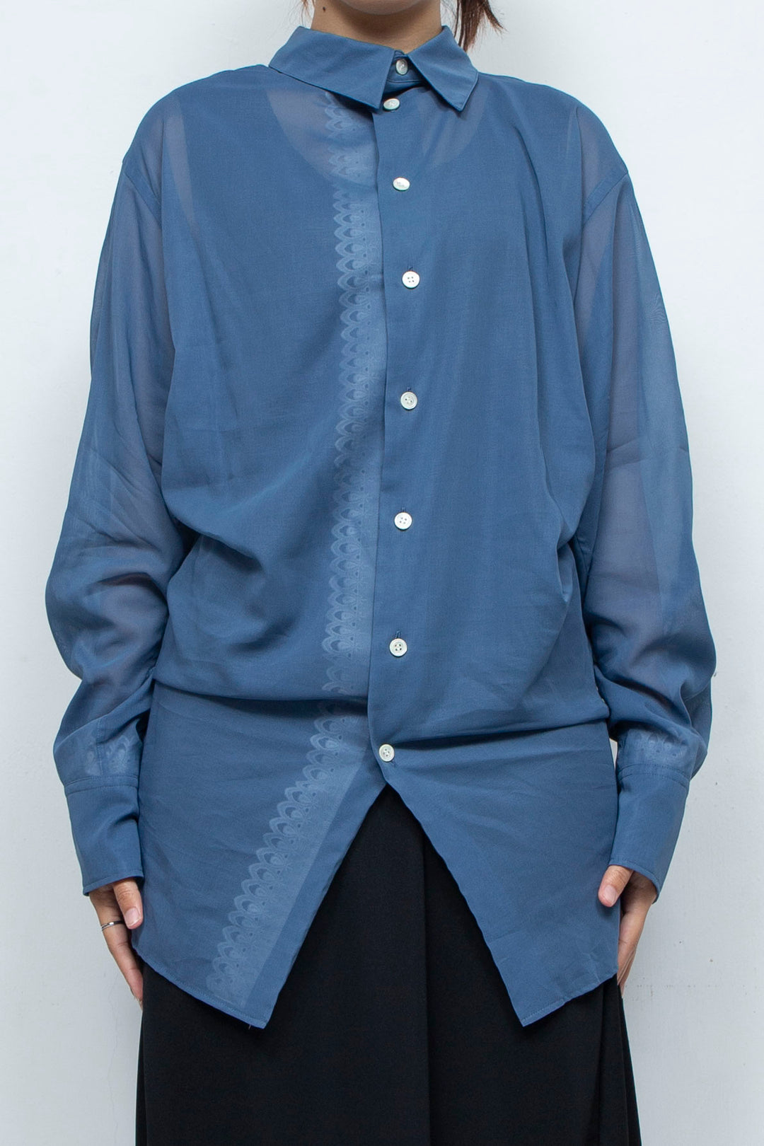 BACK DRAPED SHEER SHIRT BLUE
