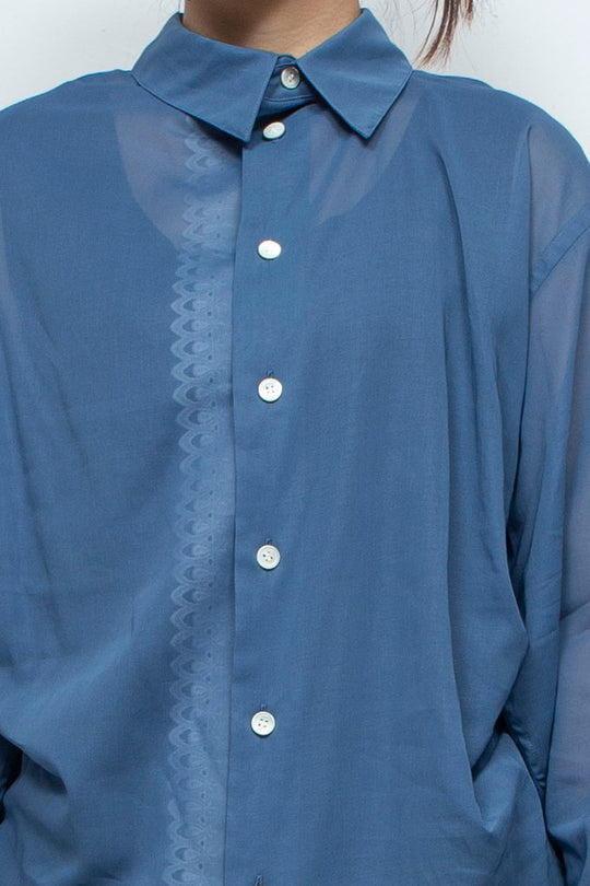 BACK DRAPED SHEER SHIRT BLUE