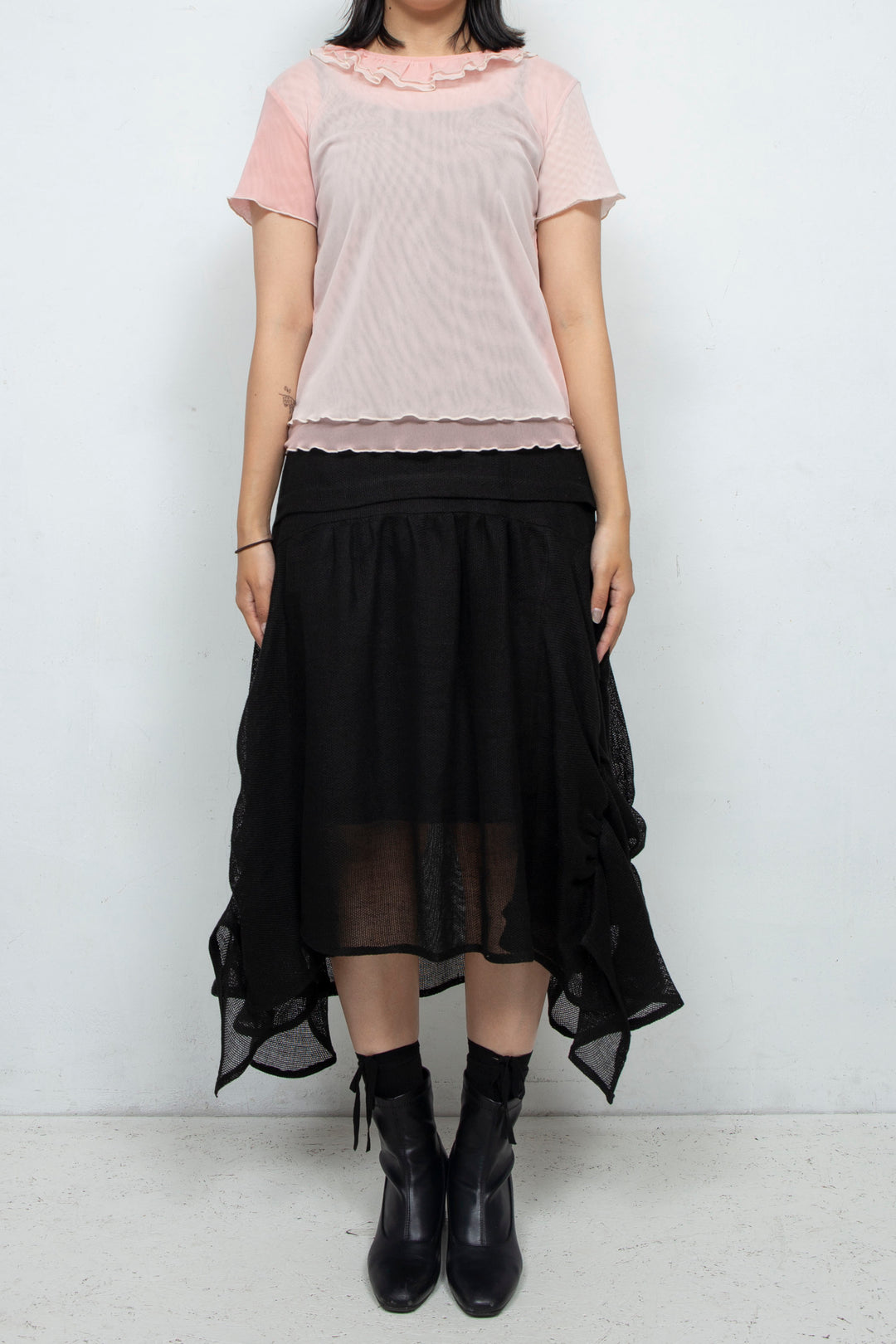 Sheer linen ruffled skirt BLACK