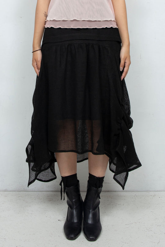 Sheer linen ruffled skirt BLACK