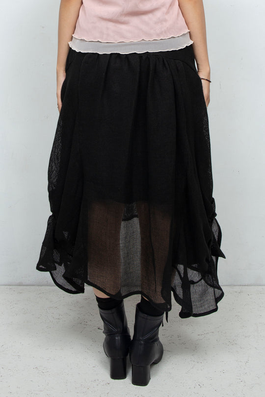 Sheer linen ruffled skirt BLACK