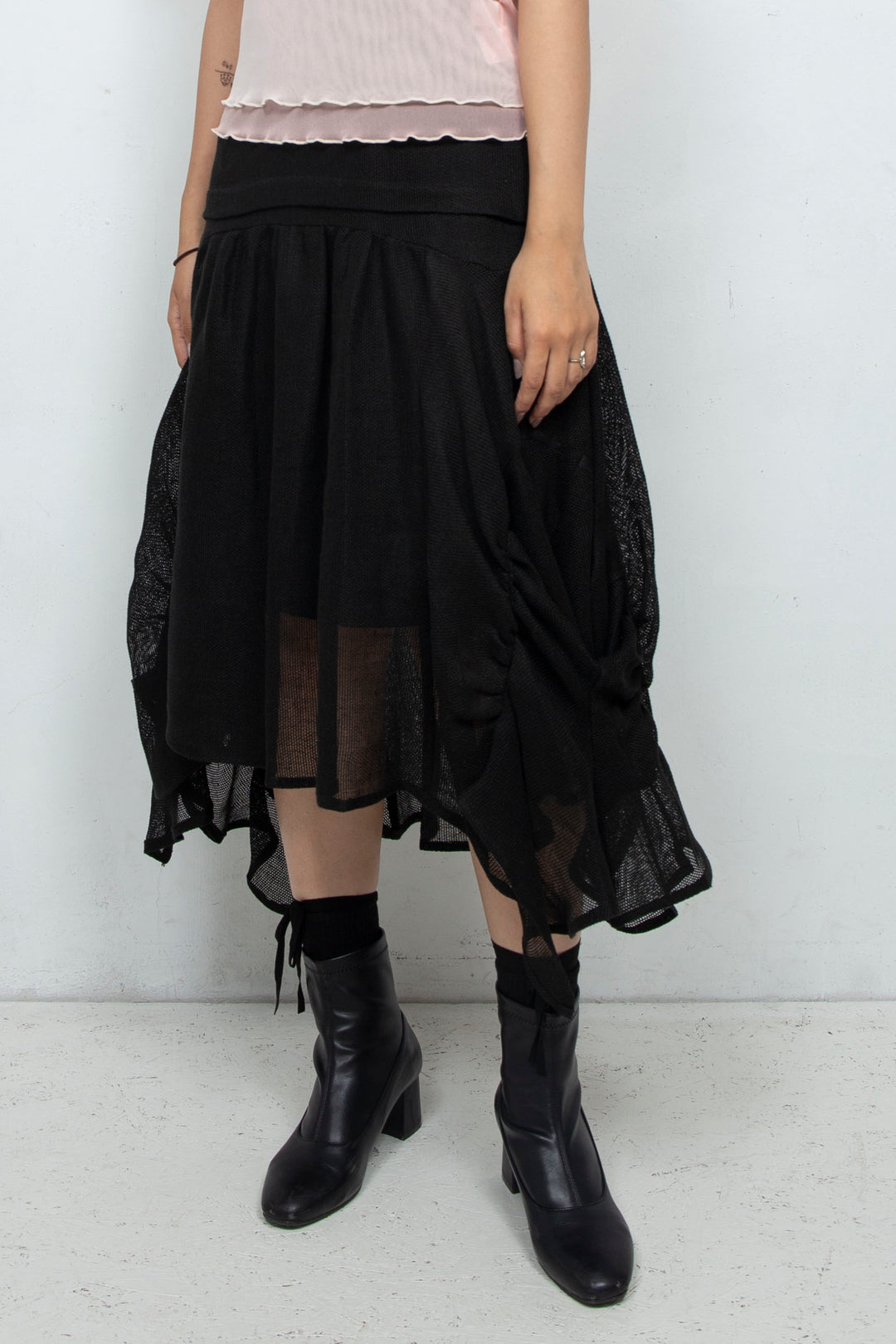 Sheer linen ruffled skirt BLACK
