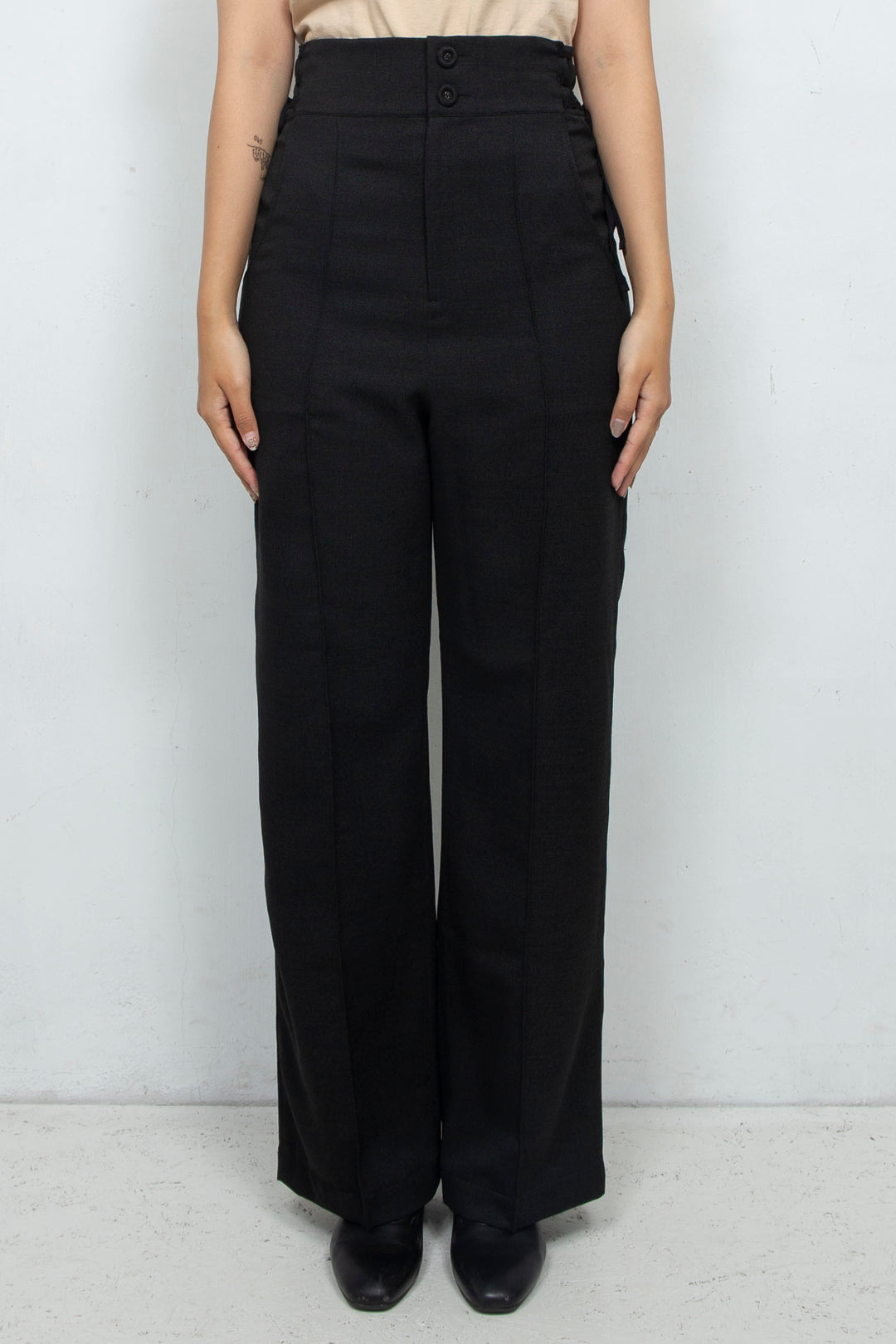 HIGH WAIST RIBBON PANTS BLACK