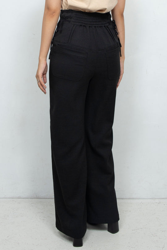 HIGH WAIST RIBBON PANTS BLACK