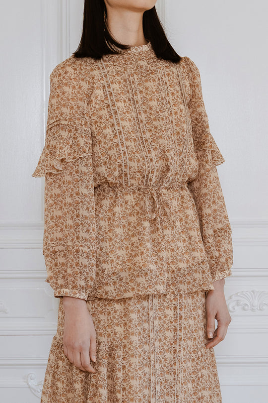 3D PRINTED BUTTON 2-WAY CRINKLE TUCK RUFFLE BLOUSE (FLORAL)