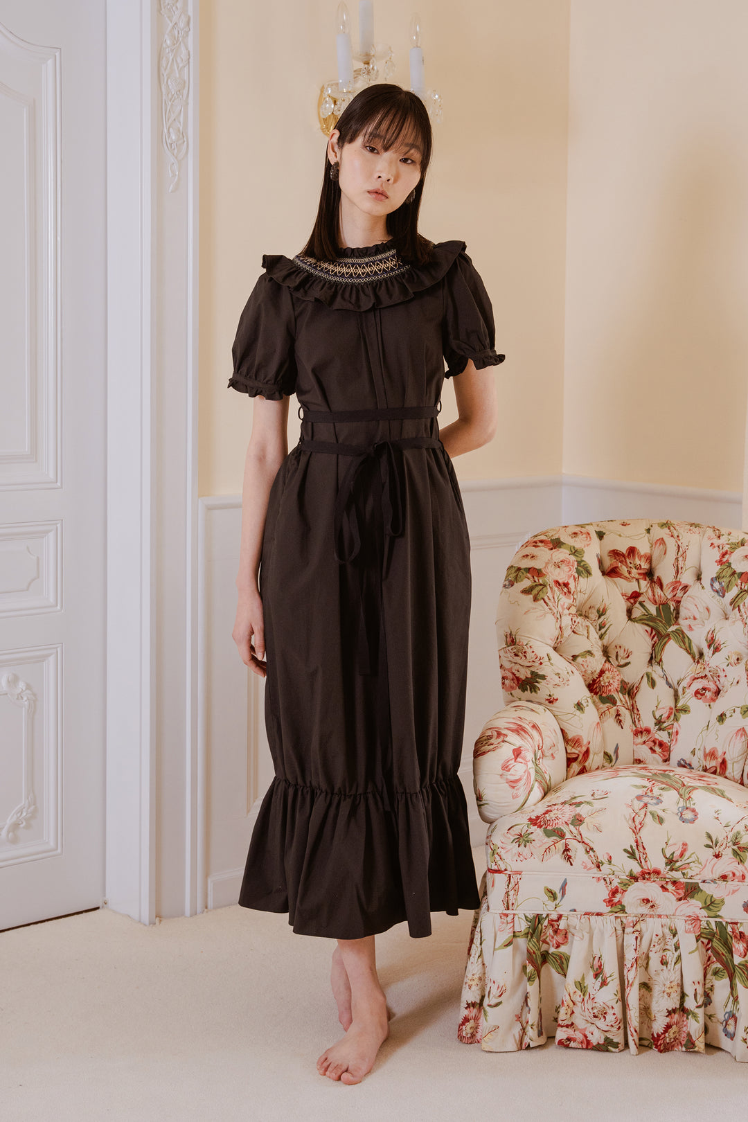 SMOCKING WAIST RIBBON MAXI DRESS BLACK
