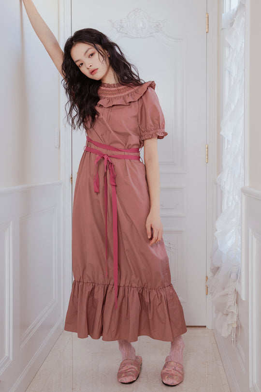 SMOCKING WAIST RIBBON MAXI DRESS PINK