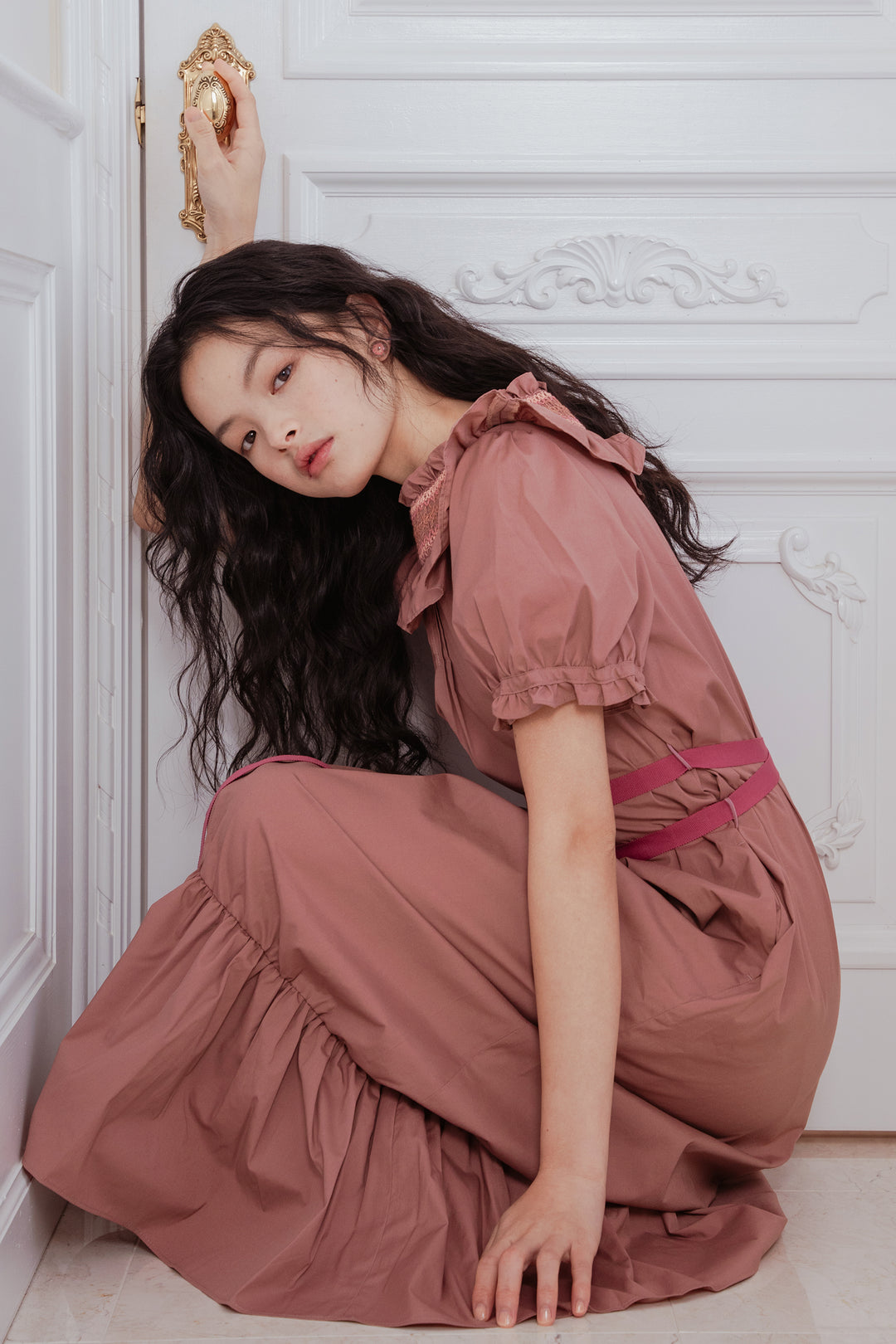 SMOCKING WAIST RIBBON MAXI DRESS PINK