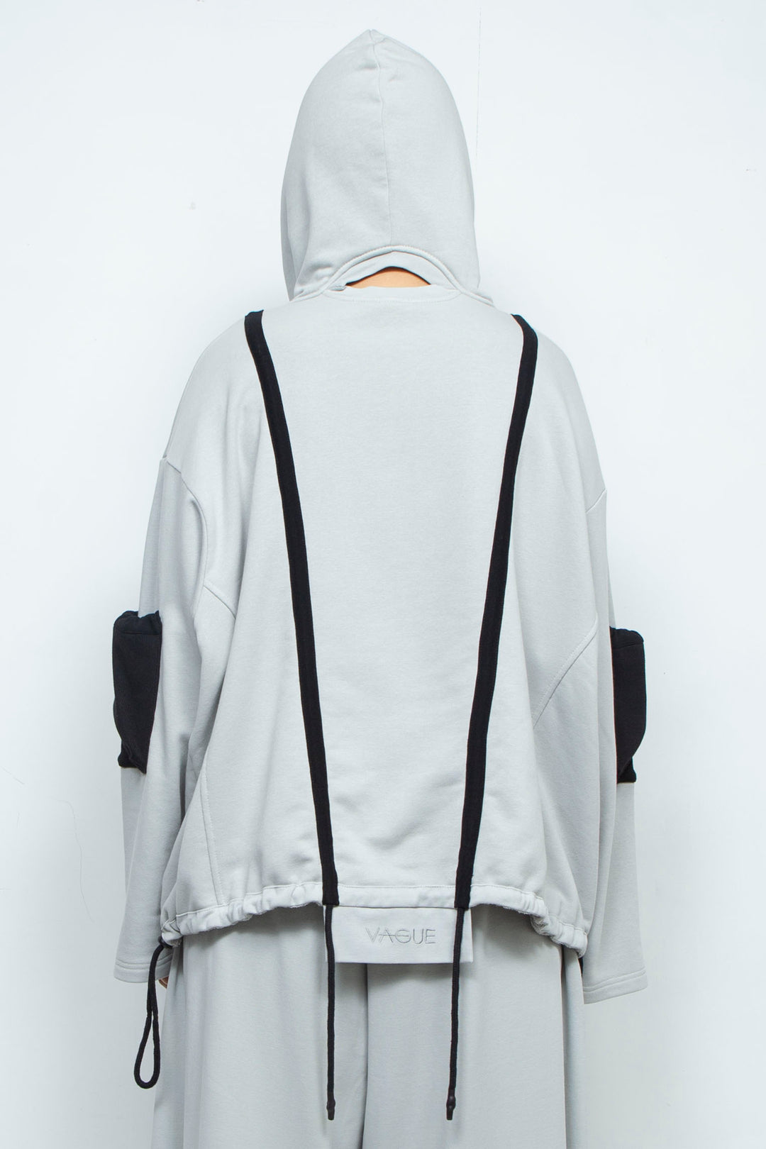 OVERSIZED HOODED GATHERED DRAWSTRINGS GREY SWEATSHIRT