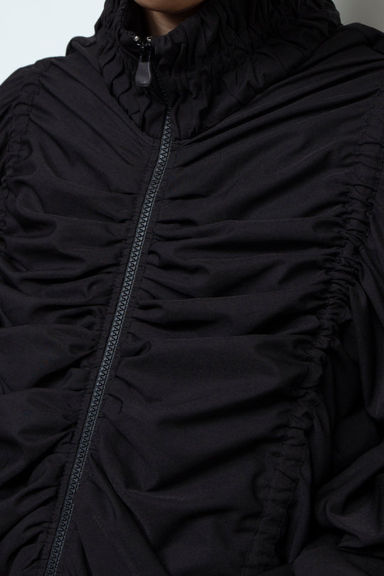 BLACK OVERSIZED GATHERED DRAWSTRINGS ZIP UP JACKET