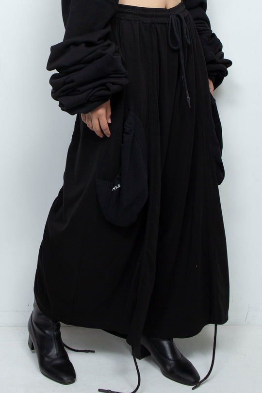 BLACK WIDE-LEG RELAXED-FIT DRAWSTRING PANTS