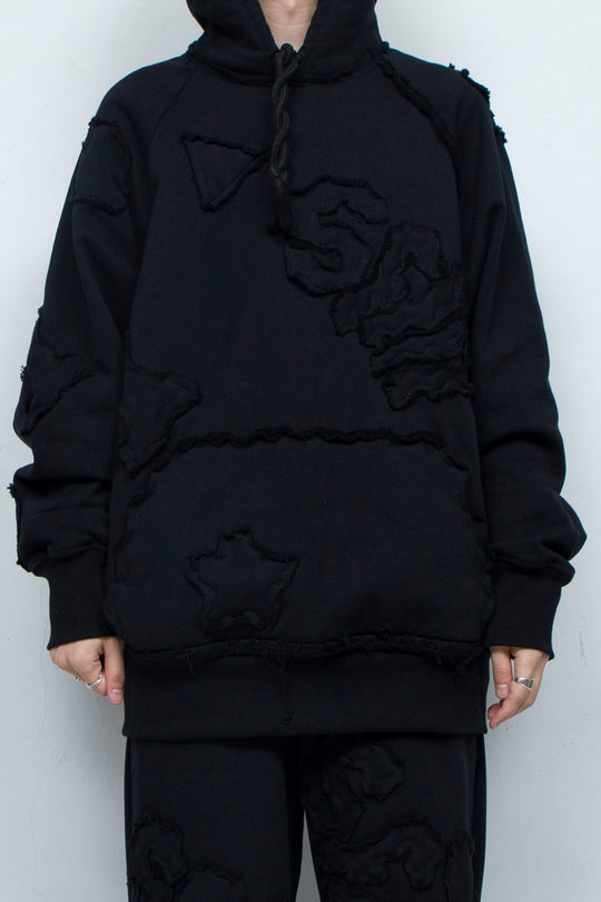 Multi-pattern raw edge sweat hoodie BLACK