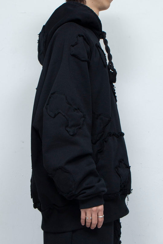 Multi-pattern raw edge sweat hoodie BLACK