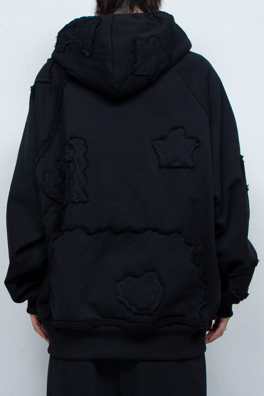Multi-pattern raw edge sweat hoodie BLACK