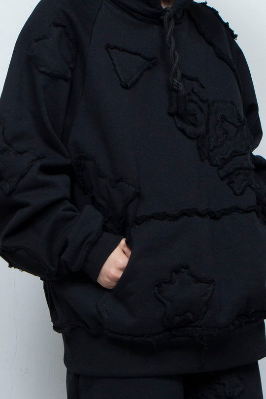 Multi-pattern raw edge sweat hoodie BLACK