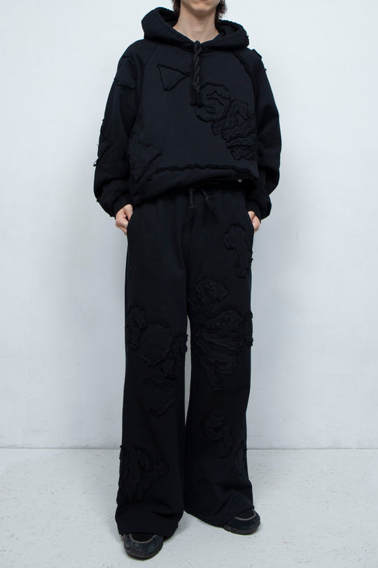 Multi-pattern raw edge sweat hoodie BLACK