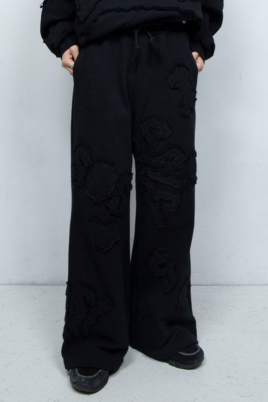 Multi-pattern raw edge sweatpants BLACK