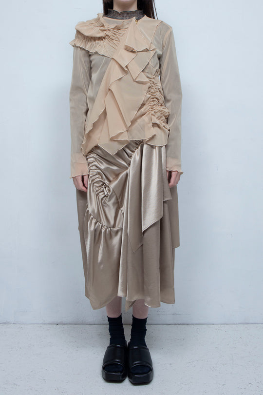 Ruffle net tulle tops BEIGE