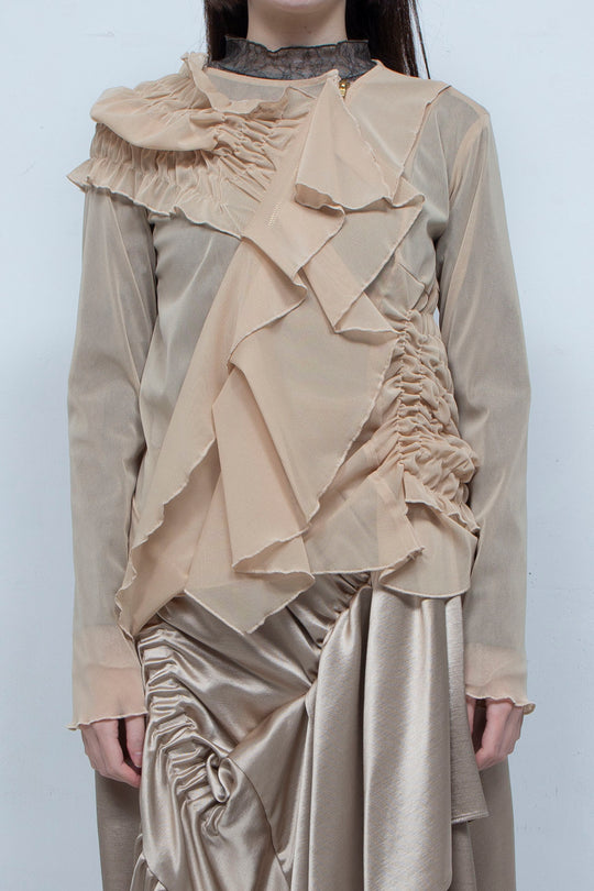 Ruffle net tulle tops BEIGE