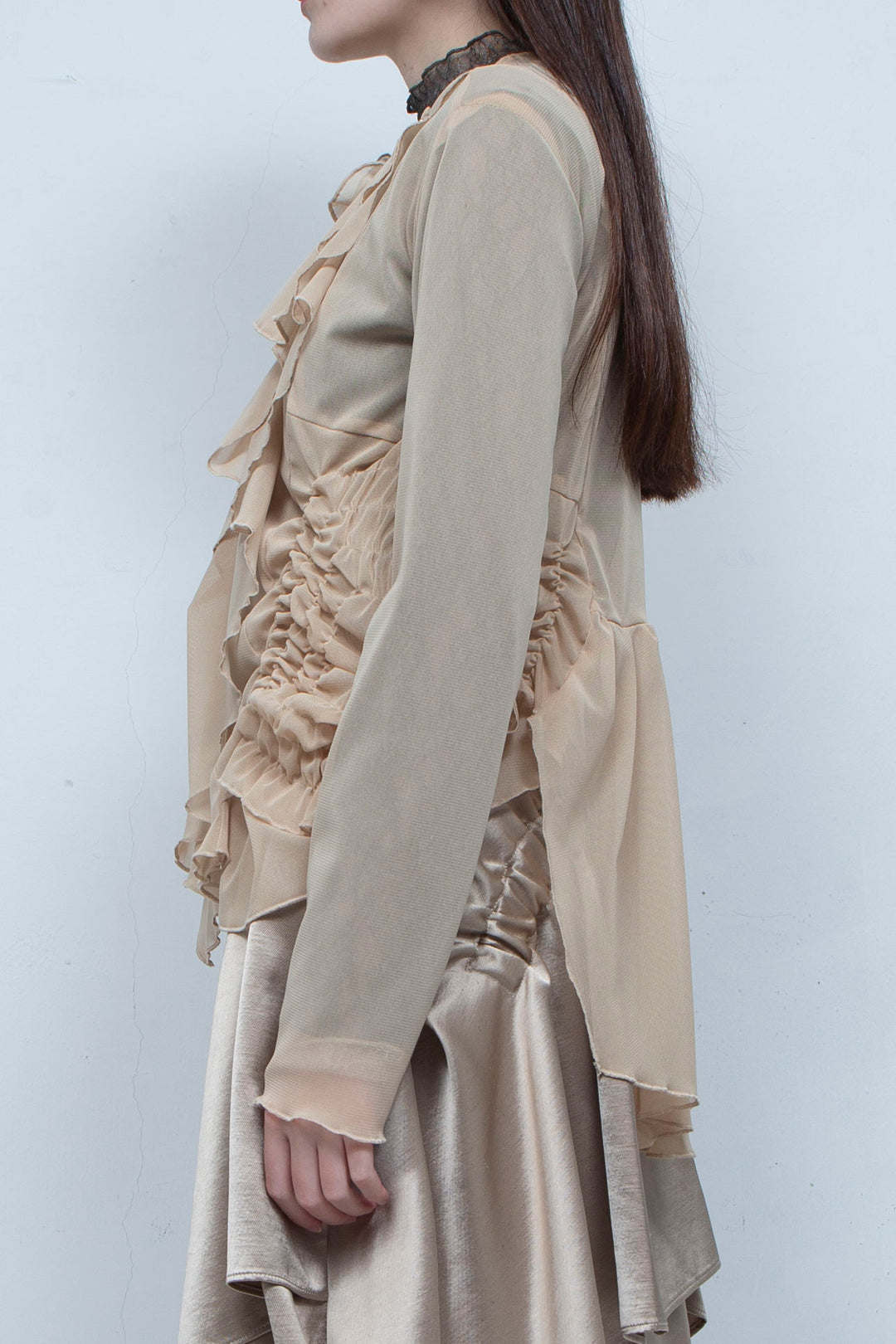 Ruffle net tulle tops BEIGE