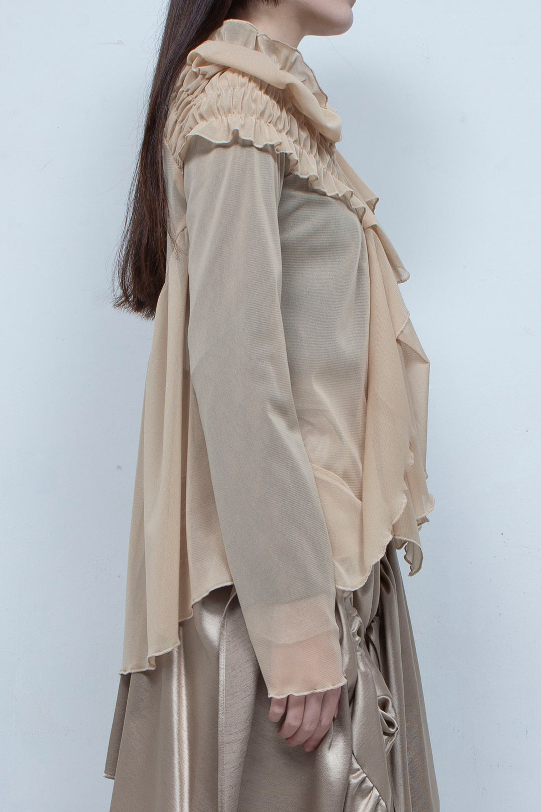 Ruffle net tulle tops BEIGE