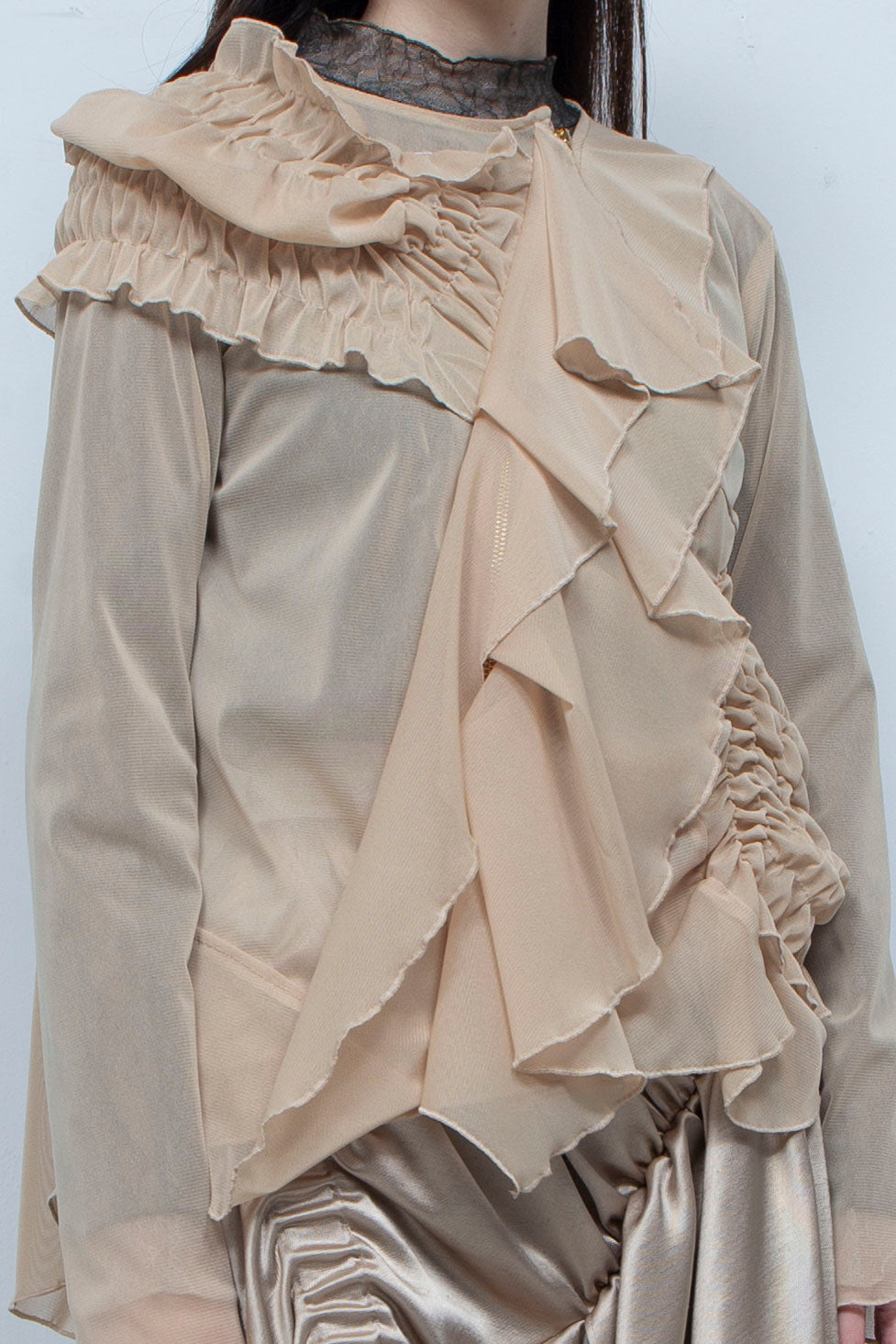 Ruffle net tulle tops BEIGE
