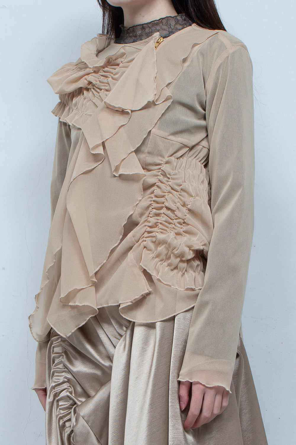 Ruffle net tulle tops BEIGE