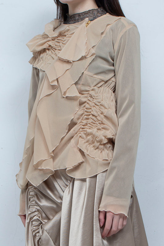 Ruffle net tulle tops BEIGE