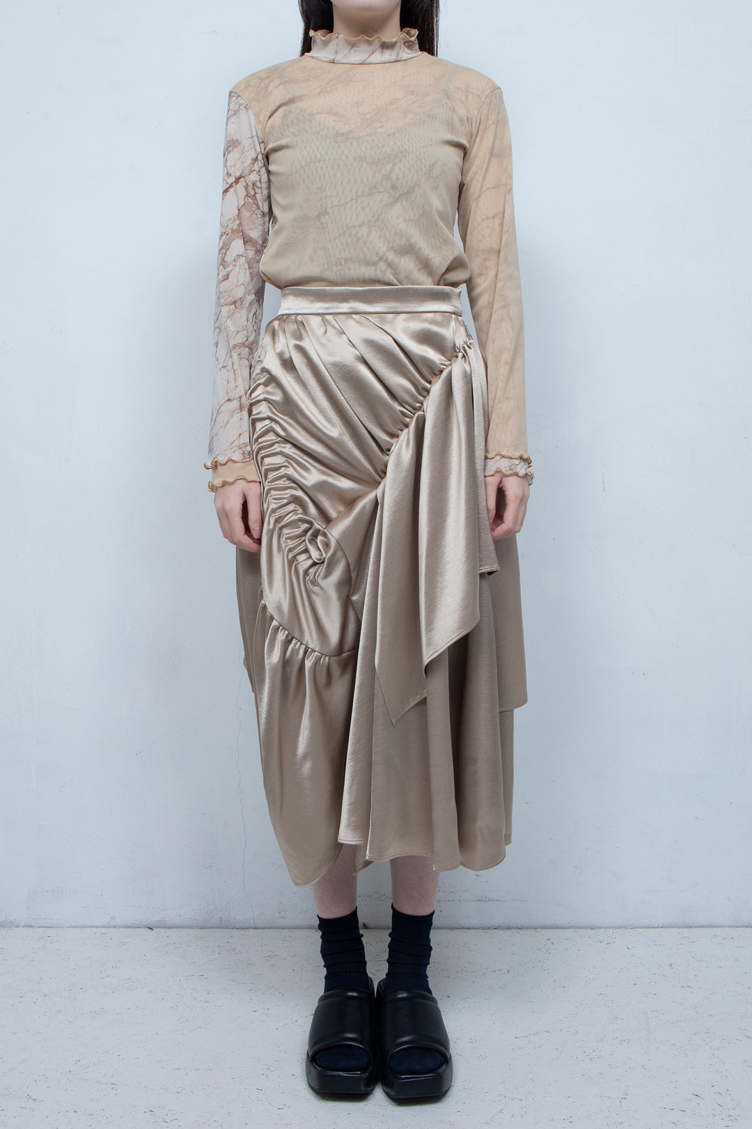Printed net tulle tops BEIGE