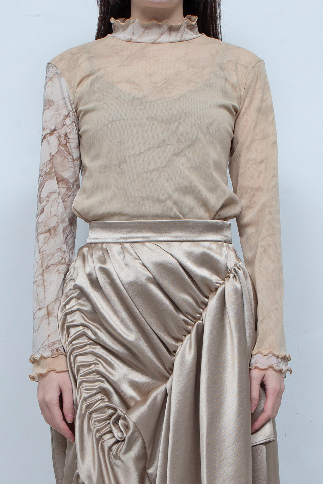 Printed net tulle tops BEIGE